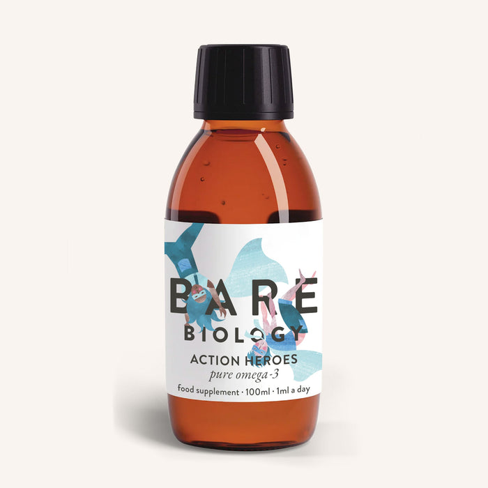 A Bare Biology brown bottle with a black cap, labeled Pure Omega-3 Fish Oil for Kids, contains Action Heroes: Pure Omega-3, 100ml. This supplement includes DHA for brain growth and features blue and red accents with abstract human figures.