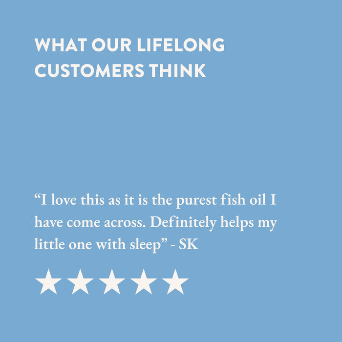 Blue background with white text and five-star rating detailed in writing