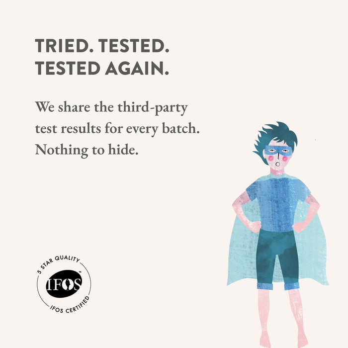 Illustration of a superhero with text about testing for PCBs, mercury, and heavy metals on a white background.