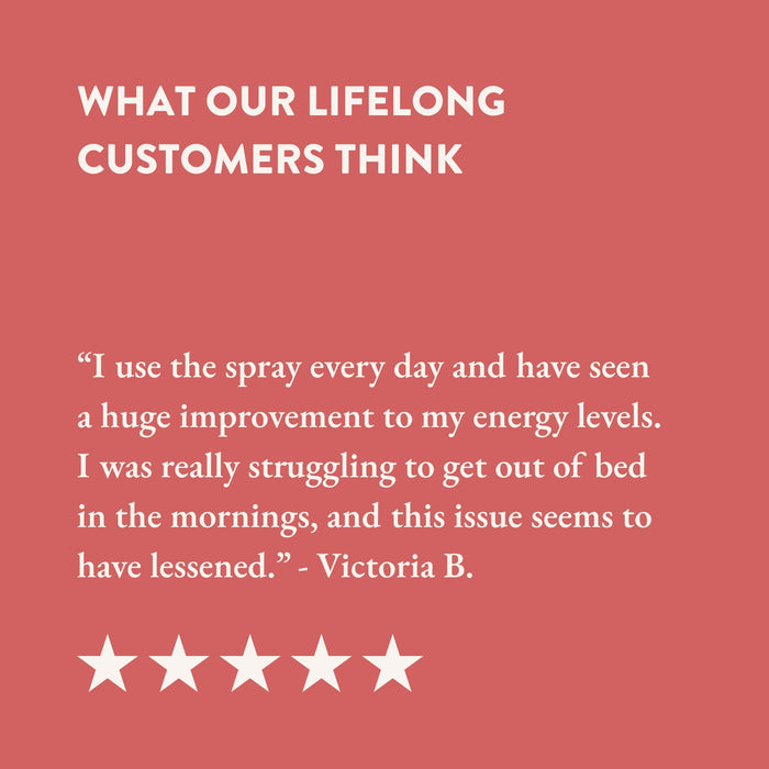 Customer review about Bare and Unflavoured Vitamin D3 + K2 Spray written on a red background with white text and five-star rating