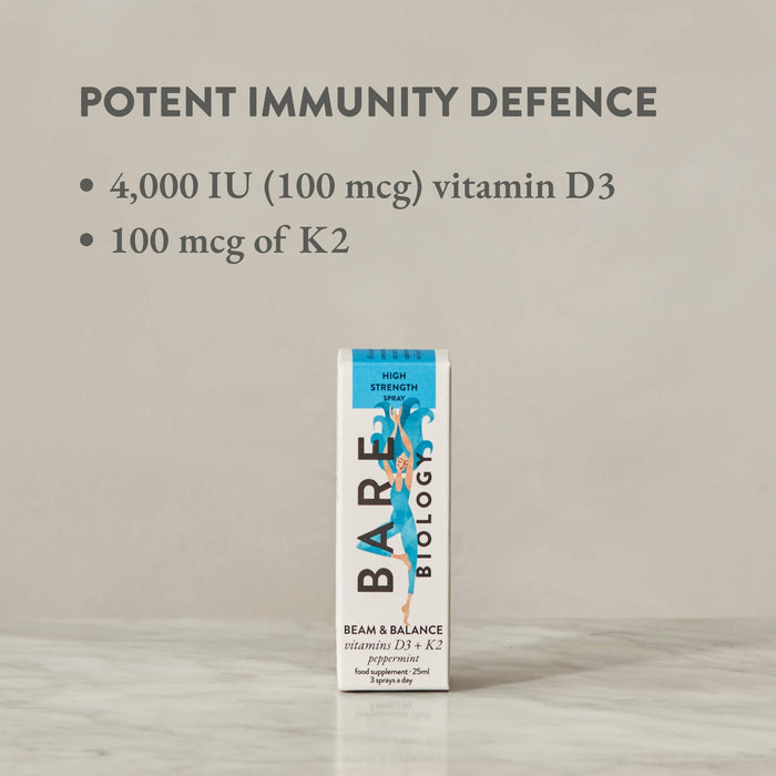 Bare Biology's vitamin D spray displayed against a neutral background with a dosage message: 4000IU (100mG) Vitamin D3 and 100mg of K2.