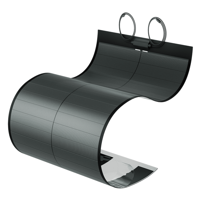 A compact, flexible BougeRV Yuma 100W CIGS solar panel designed to be portable or installed on curved surfaces