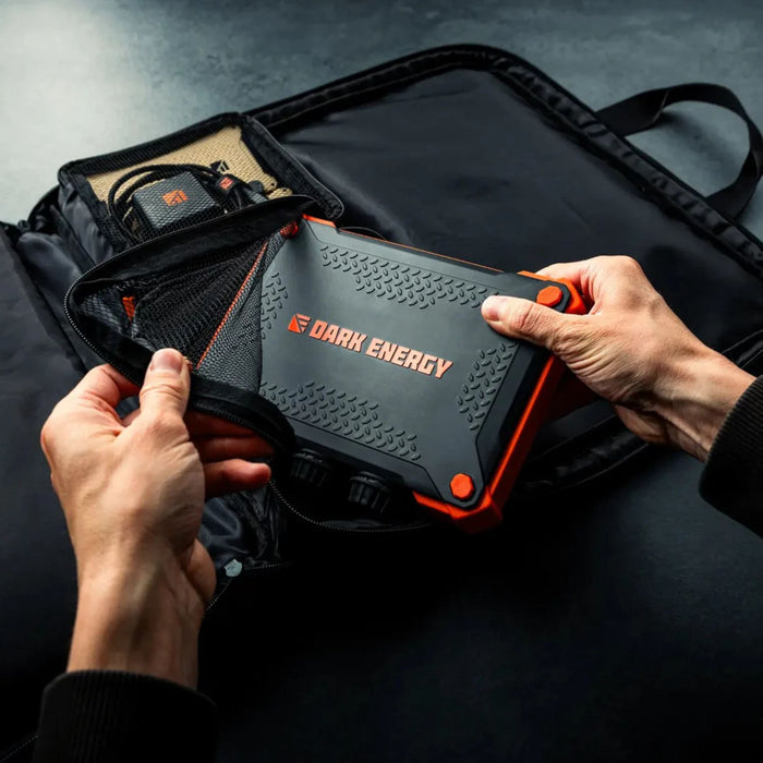 A man holding Dark Energy 56W Spectre Solar Panel Accessories Kit above the table