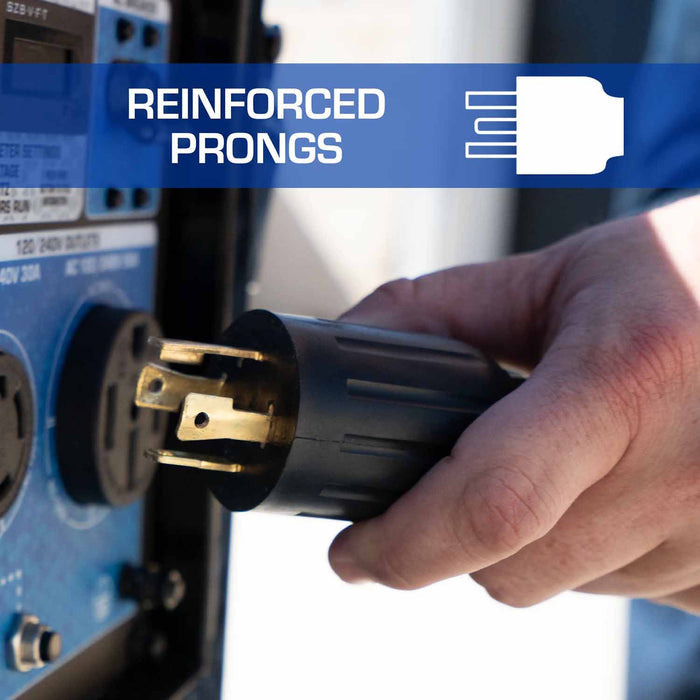 The DuroMax XP3025GC 30-Amp 25-Foot 10-Gauge L14-30 Heavy Duty Generator Power Cord Has Reinforced Prongs