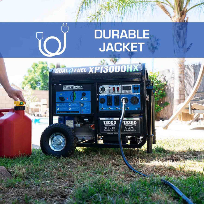 The DuroMax 30-Amp 50-Foot 10-Gauge L14-30 Heavy Duty Generator Power Cord Has A Durable Jacket