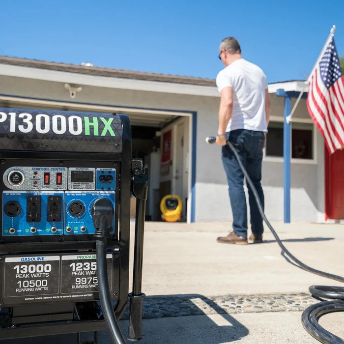 The DuroMax 50-Amp 25-Foot 6-Gauge Generator Power Cord Outdoors On A Driveway