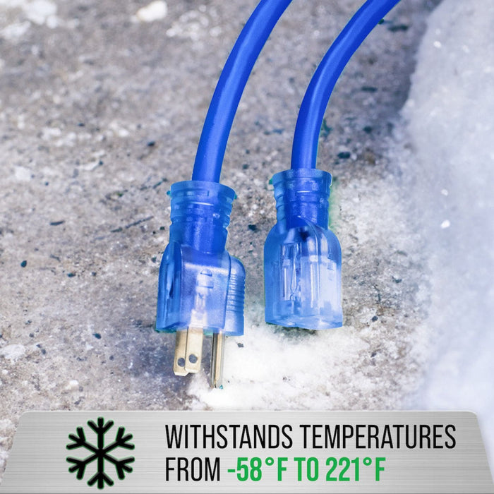 The DuroMax XPX10050A 50-Foot 10 Gauge Extension Power Cord Withstands Temperatures From -58 Degrees Fahrenheit To 221 Degrees Fahrenheit
