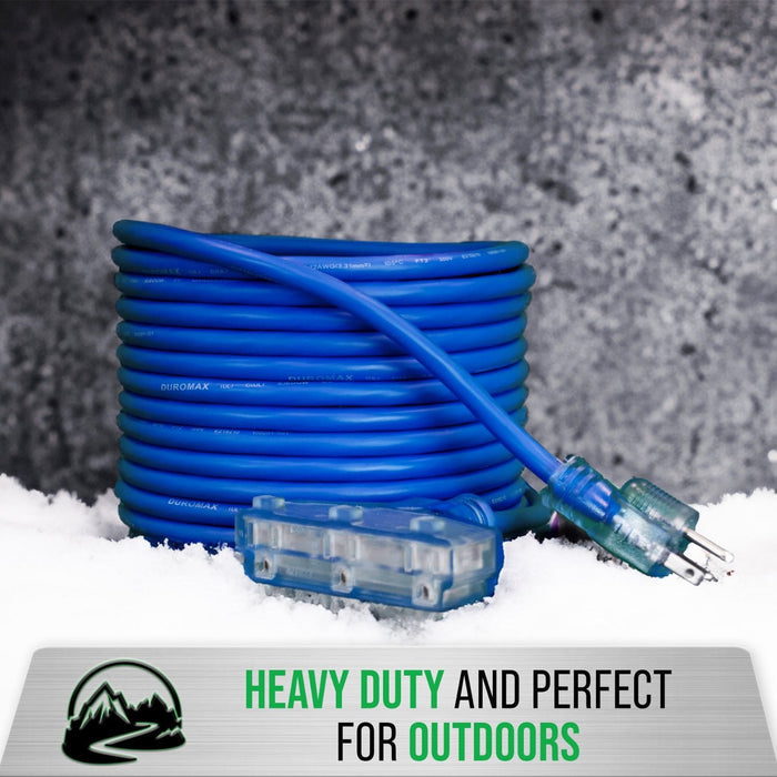 DuroMax XPX10100C Heavy Duty SJEOOW 100-Foot 10 Gauge Blue Triple Tap Extension Power Cord  heavy duty