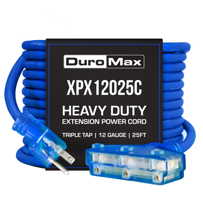 DuroMax XPX12025C Heavy Duty SJEOOW 25-Foot 12 Gauge Blue Triple Tap Extension Power Cords