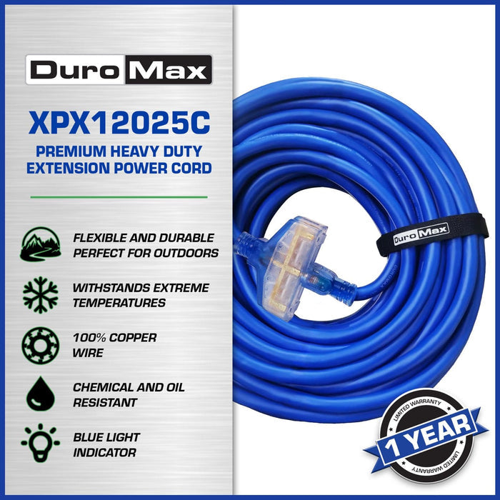 DuroMax XPX12025C Heavy Duty SJEOOW 25-Foot 12 Gauge Blue Triple Tap Extension Power Cord Specifications