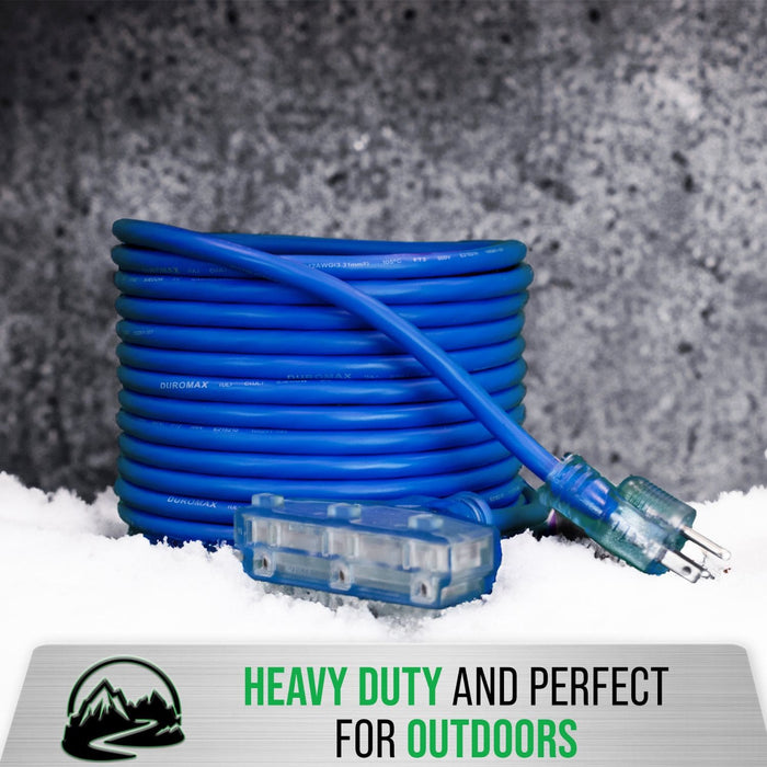 DuroMax XPX12025C Heavy Duty SJEOOW 25-Foot 12 Gauge Blue Triple Tap Extension Power Cord heavy duty and perfect for outdoors
