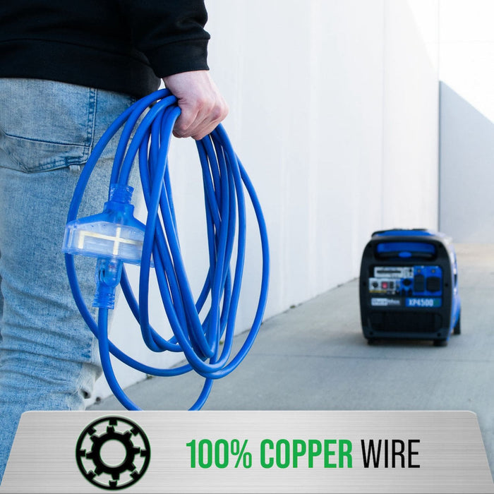 DuroMax XPX12050C Heavy Duty SJEOOW 50-Foot 12 Gauge Blue Triple Tap Extension Power Cord Copper wire