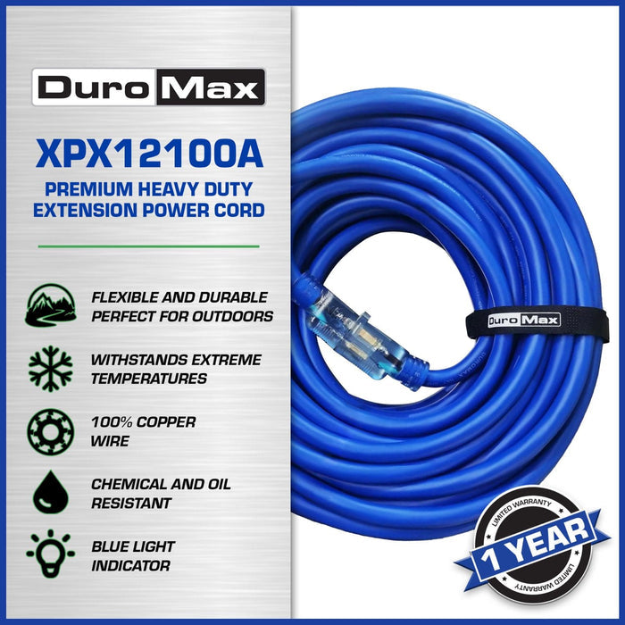 DuroMax XPX12100A Heavy Duty SJEOOW 100-Foot 12 Gauge Blue Single Tap Extension Power Cord Specifications
