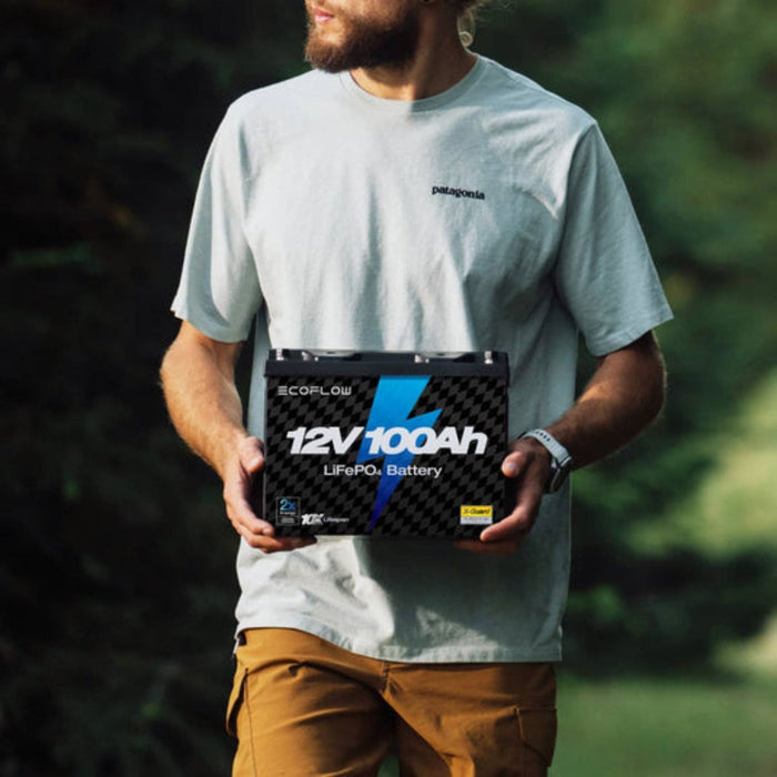 EcoFlow Lithium 12V 100Ah Deep Cycle LiFePO4 Battery held by a man