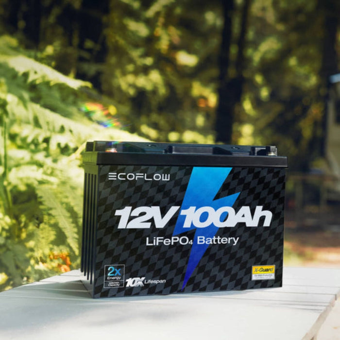 EcoFlow Lithium 12V 100Ah Deep Cycle LiFePO4 Battery on a table