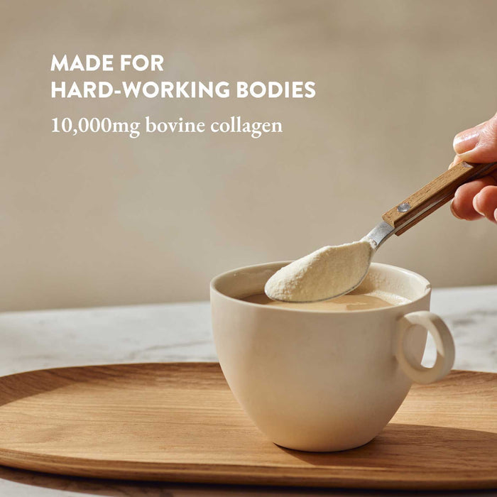 Spoon adding collagen powder into a mug with text about bovine collagen on a neutral background