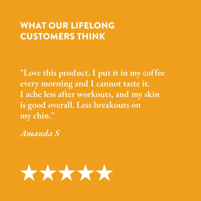 Five-star review on a yellow background with a quote from Amanda S.