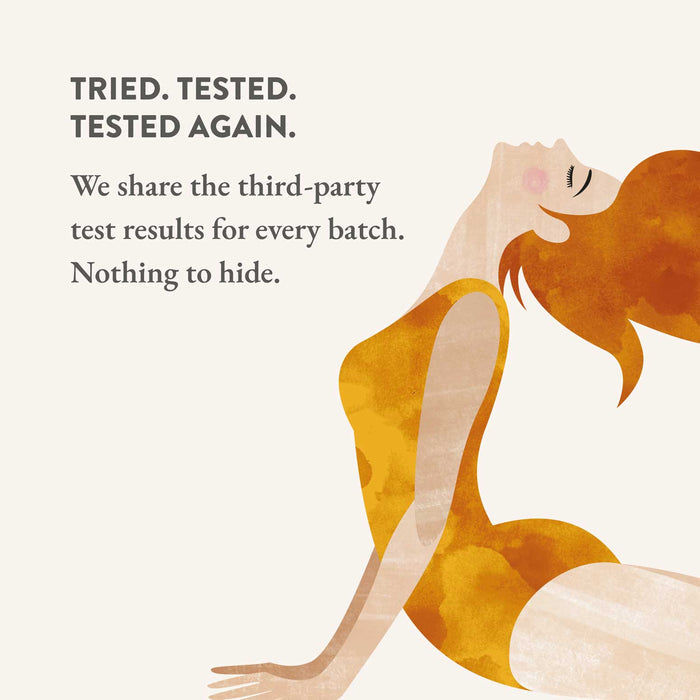 Illustration of a woman with text about third-party test results on a white background