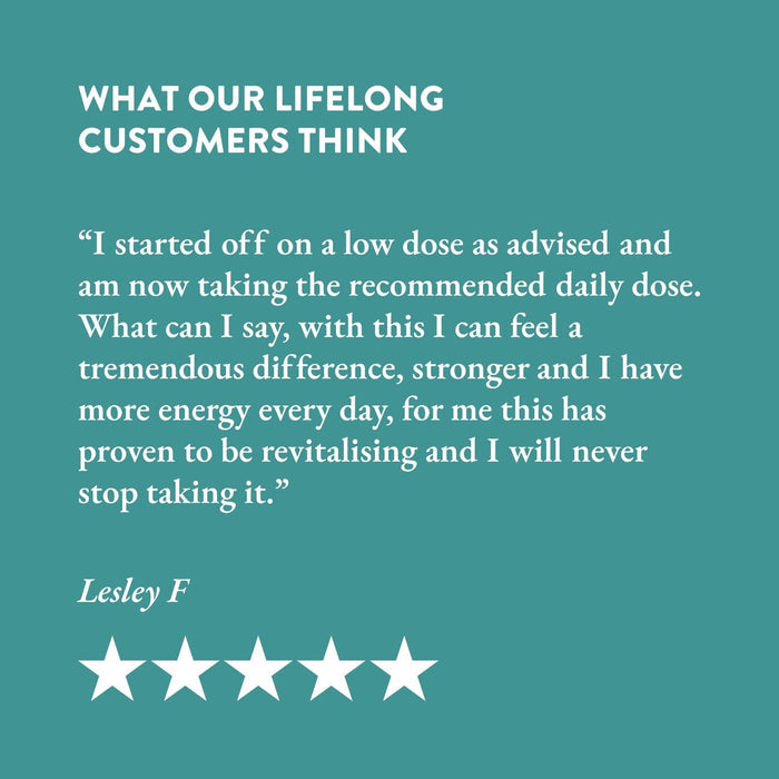 Teal background with white text quote including a five star customer review.
