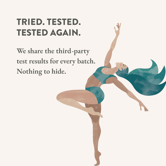 Illustration of a dancer with text about third-party test results on a light background