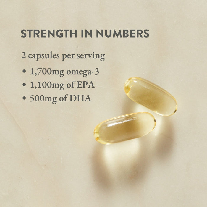 Two yellowish Bare Biology Life & Soul Omega-3 Fish Oil Daily Capsules rest on a white surface, with text: STRENGTH IN NUMBERS; 1,700mg Omega-3 for brain & heart health; 1,100mg EPA; 500mg DHA.