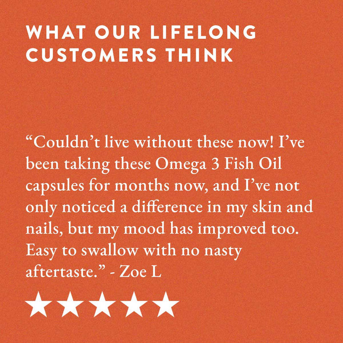 Text on an orange background features a customer review praising Bare Biology Life & Soul Omega-3 Fish Oil Daily Capsules for benefits to skin, nails, mood, and brain support. Five white stars are shown below the review from Zoe L.