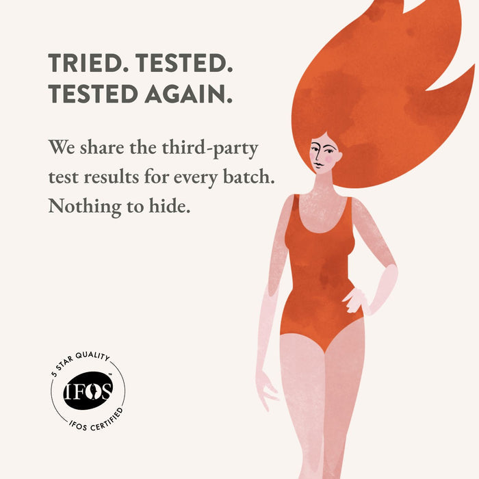 Illustration of a woman in an orange swimsuit with text: Tried. Tested. Tested again. A seal reads 5 Star Quality IFOS Certified. Three checkmarks state: No PCBs, Mercury, or Heavy Metals—premium Bare Biology Life & Soul Omega-3 Fish Oil for heart and brain health.