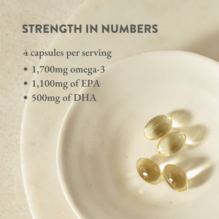 Four translucent Life & Soul Omega-3 Fish Oil Mini Capsules by Bare Biology sit on a white plate, captioned: Strength in numbers—1,700mg omega-3 per serving, with 1,100mg EPA and 500mg DHA.