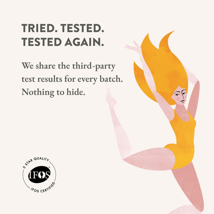 Illustration of a woman in yellow leotard jumping with “Tried. Tested. Tested Again.” Bare Biology Life & Soul Omega-3 Fish Oil Mini Capsules, IFOS 5 Star Certified. Checkmarks: Omega-3 EPA & DHA, No PCBs, No Mercury, No Heavy Metals.