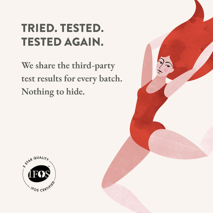 Illustration of a woman with flowing red hair in a red leotard, arms raised. Text: “Tried. Tested. Tested Again.” Pure Omega-3 Liquid Fish Oil by Bare Biology—No PCBs, No Mercury, No Heavy Metals. IFOS 5-star certified high-strength omega-3.