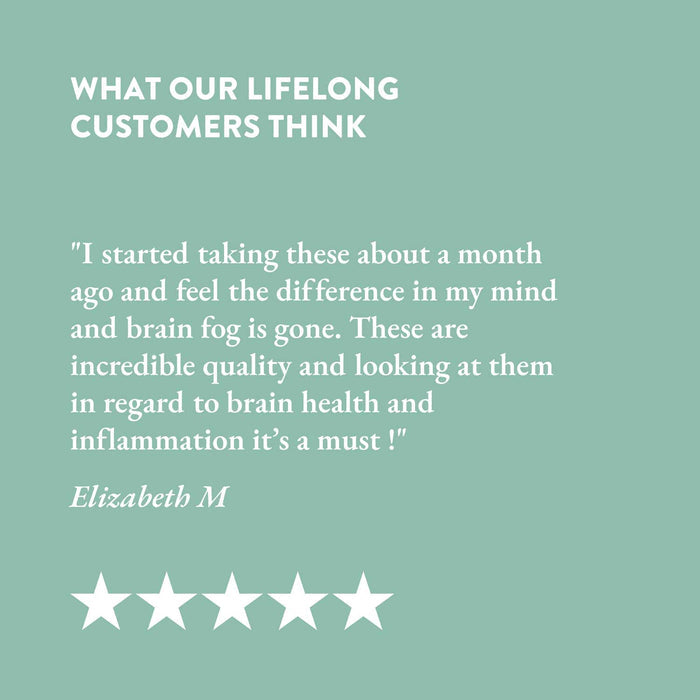 Five-star customer review for Mindful Omega-3 product on a green background with white text