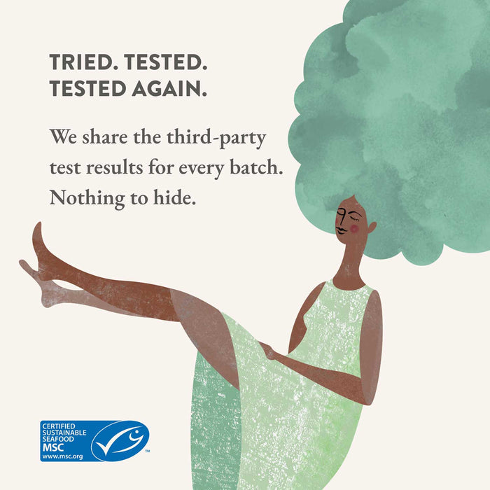 Illustration of a woman with green hair and dress, with text about third-party test results and MSC certification.