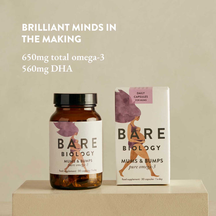 Bare Biology Mums and Bumps omega-3 supplement bottle and packaging on a beige background with written details of how much DHA and total omega-3 is in the product.