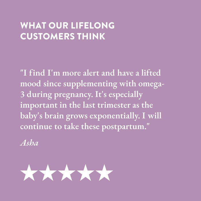 Purple background with white text and five-star customer review and rating of Bare Biology's Mums and Bumps Omega-3 product.