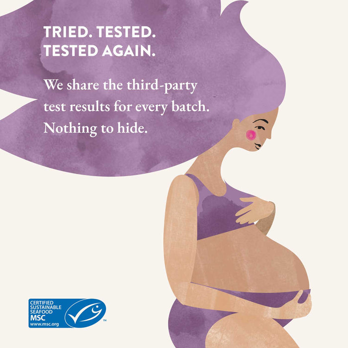 Illustration of a pregnant woman with a purple clothing and text written about third-party test results and MSC certification on a white background.