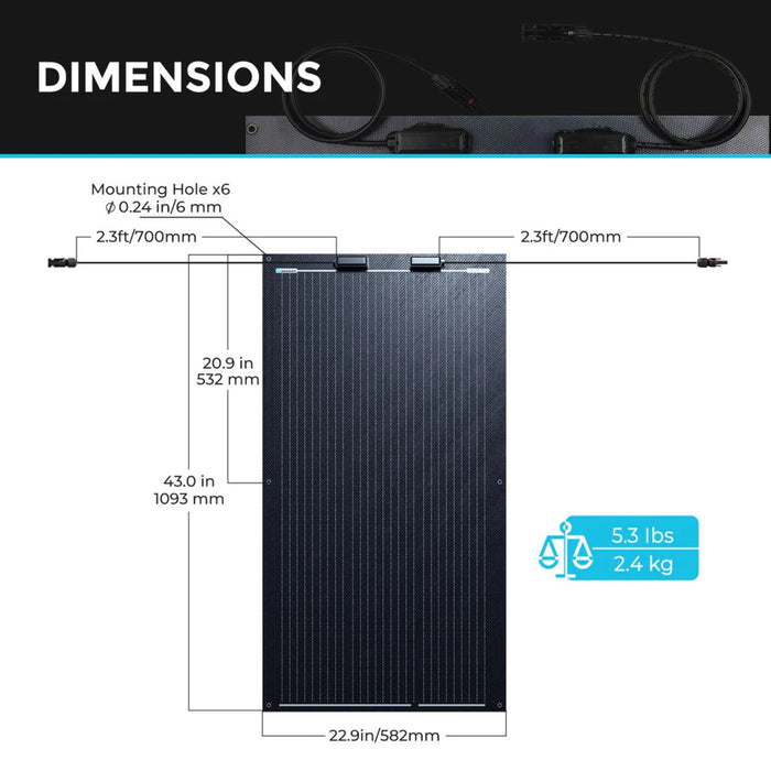 Renogy Flexible 100W with dimensions and weight information on a white background