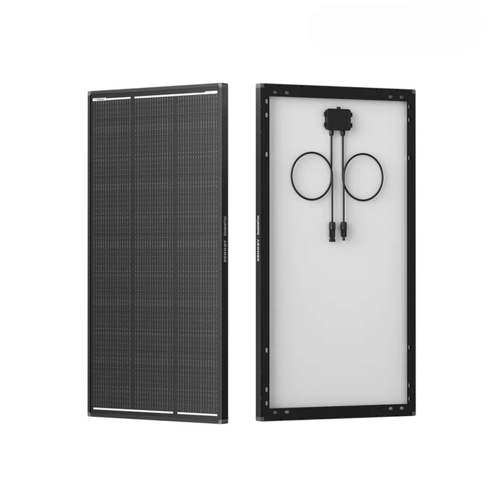 Front and back view of Renogy 200W / 120W solar panels side by side on a white background