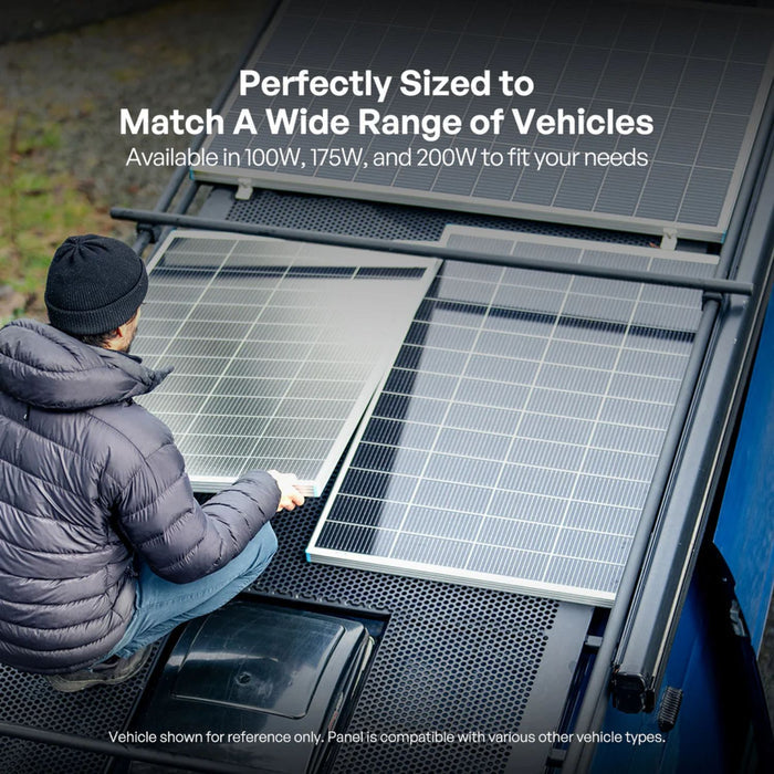 Person installing solar panels on a vehicle with text about panel compatibility.
