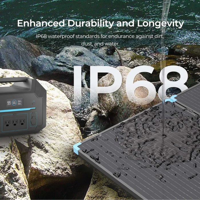 Renogy Solar Suitcase 220W Portable Solar Panel powering a station on river rocks