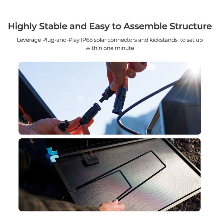 Renogy Solar Suitcase 220W portable solar panel setup process with text highlighting stability and ease of assembly.