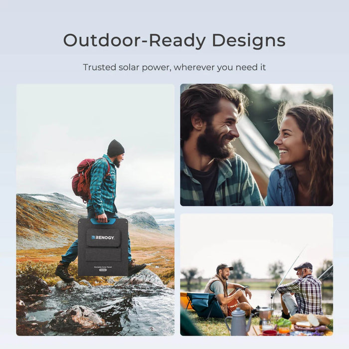 Promotional image for outdoor Renogy E.FLEX 100W Portable Solar Panel with people in various settings.