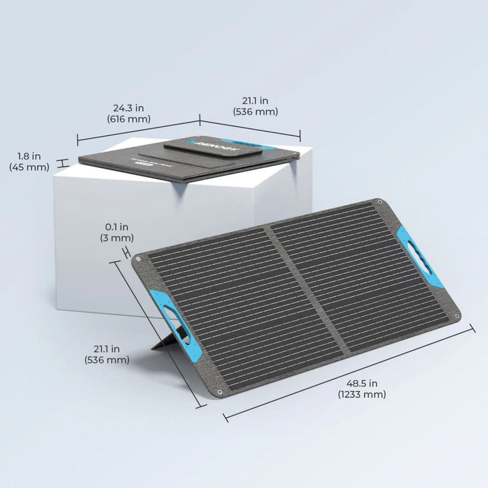 Renogy E.FLEX 100W Portable Solar Panel with dimensions labeled on a light gray background