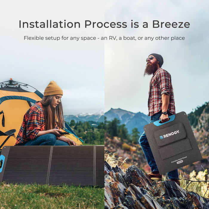 Two people with camping gear and a Renogy E.FLEX 200W Portable Solar Panel  with 'Renogy' branding, set against a scenic background.