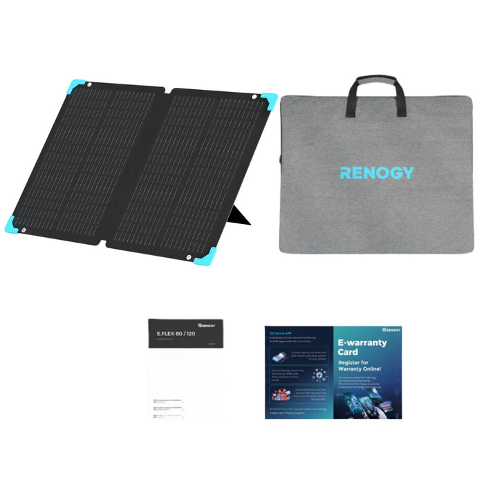 Renogy E.FLEX 80W Portable Solar Panel with carrying case and warranty card