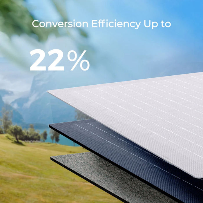 Renogy E.FLEX 80W Portable Solar Panel  with 'Conversion Efficiency Up to 22%' text against a scenic background