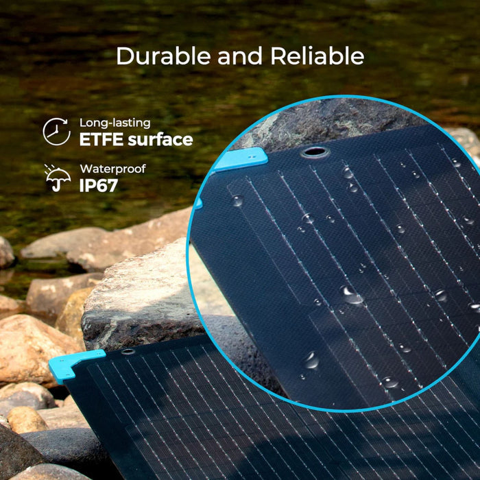 Renogy E.FLEX 80W Portable Solar Panel  with water droplets on a natural background, highlighting durability and reliability.