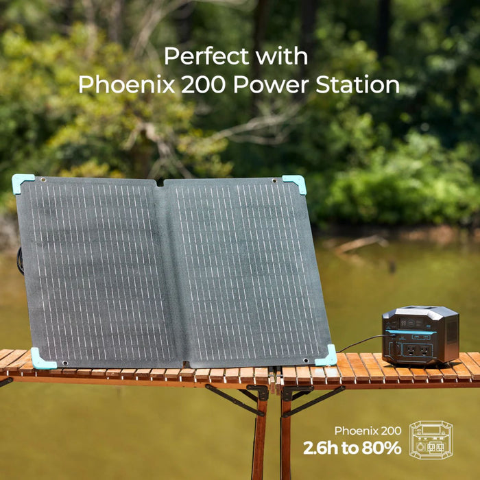Renogy E.FLEX 80W Portable Solar Panel and power station on a wooden platform with a natural background
