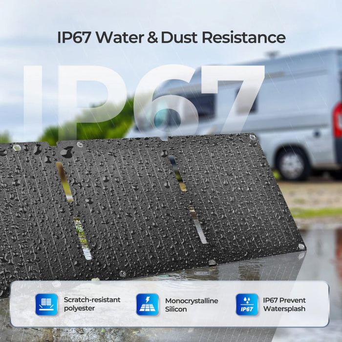 Renogy E.FLEX-SE 30W PRO Portable Solar Panel with water and dust resistance features displayed, including IP67 rating.