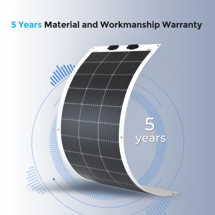 Renogy Flexible 100W 12V Monocrystalline Solar Panel with '5 Years' warranty text on a light blue background