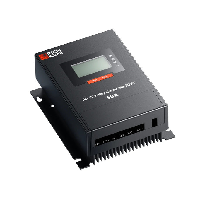 Rich Solar 50 Amp DC to DC Lithium Battery Alternator Charger with MPPT Front With Input View